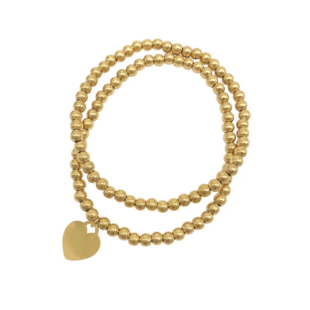 ADORNIA NWT Set of Gold Beaded Ball Bracelets with Heart  - Tarnish Resistant